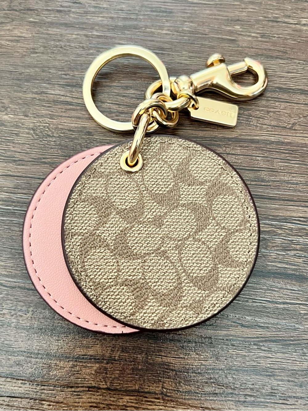 Coach Pink Leather & Signature Canvas Round Keyring Charm